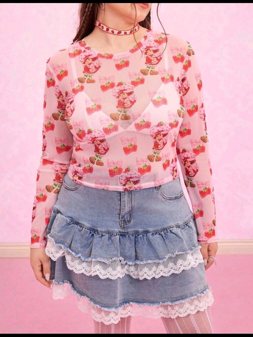 Pink Strawberry Shortcake Print Mesh Long-Sleeve Top
